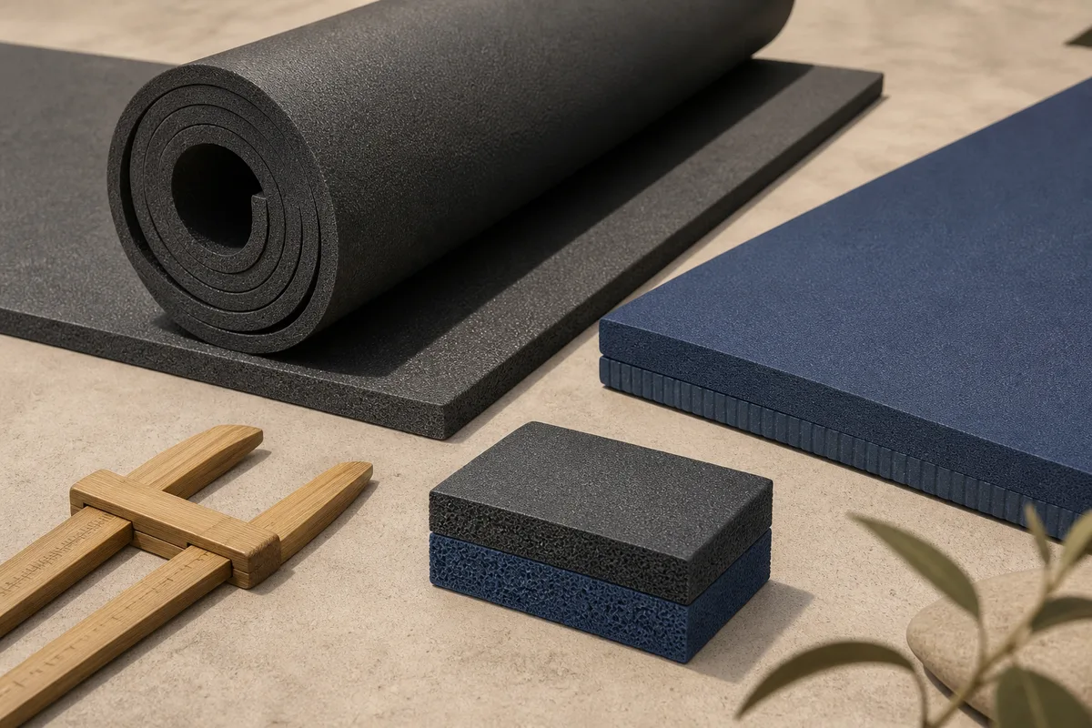 Unbranded charcoal and indigo thick NBR foam mats beside cutaway samples and a wooden thickness gauge