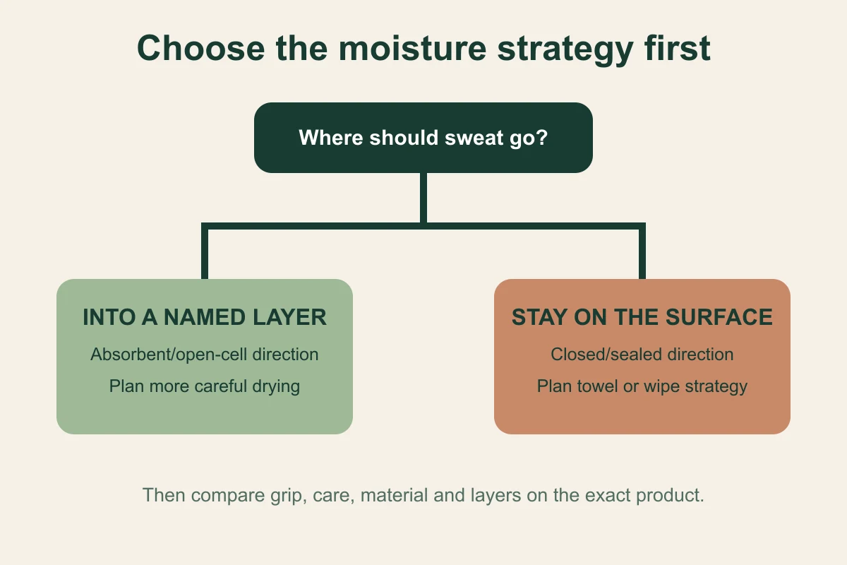 Decision tree choosing between moisture entering an absorbent layer or staying on a sealed surface