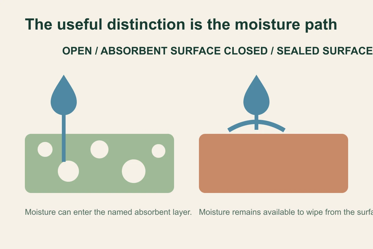 Diagram showing moisture entering an open absorbent layer and remaining above a closed sealed surface