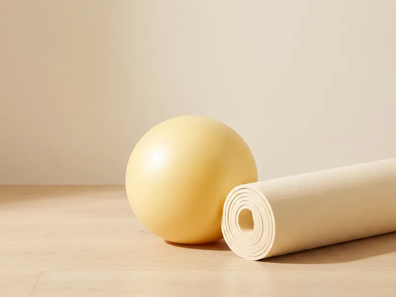 A yellow nine-inch inflatable exercise ball resting on a pale wooden floor