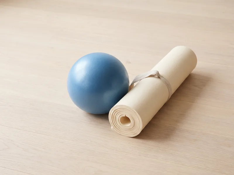 A blue nine-inch inflatable exercise ball on a light wooden floor next to a rolled mat