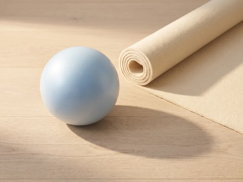 A pale blue eight-inch inflatable exercise ball on a wooden floor in soft morning light