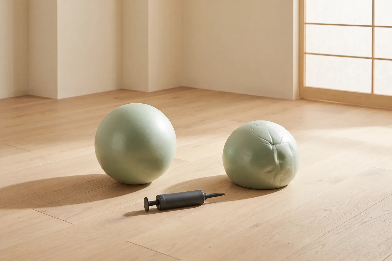 Two identical small exercise balls side by side, one firmly inflated and round, the other softer and slightly flattened, with a small hand pump between them