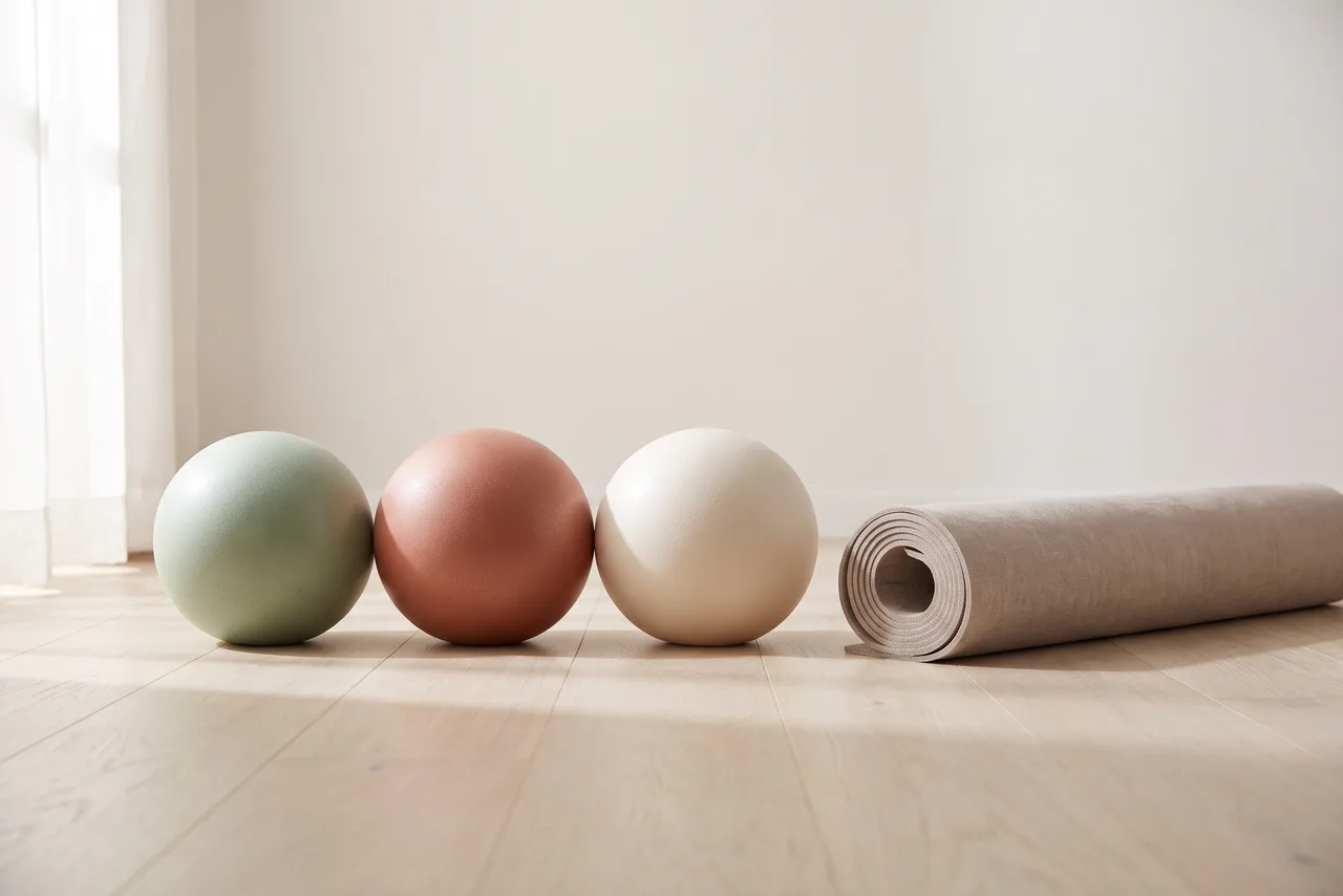 Three small inflatable exercise balls of slightly different diameters lined up on a pale wooden floor beside a folded mat