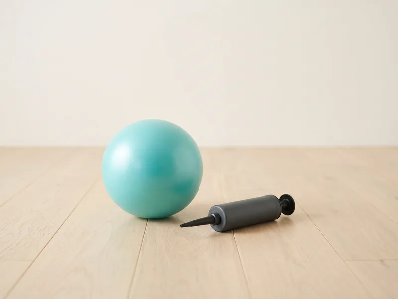 A turquoise seven-inch inflatable exercise ball beside a small hand pump on a wooden floor