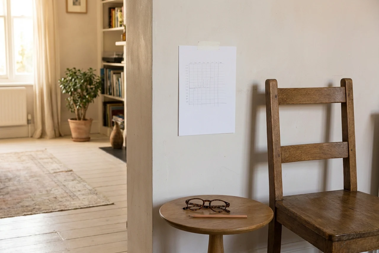 A printed sheet taped to the wall at eye height next to a wooden dining chair, with reading glasses and a pencil on a side table beside it