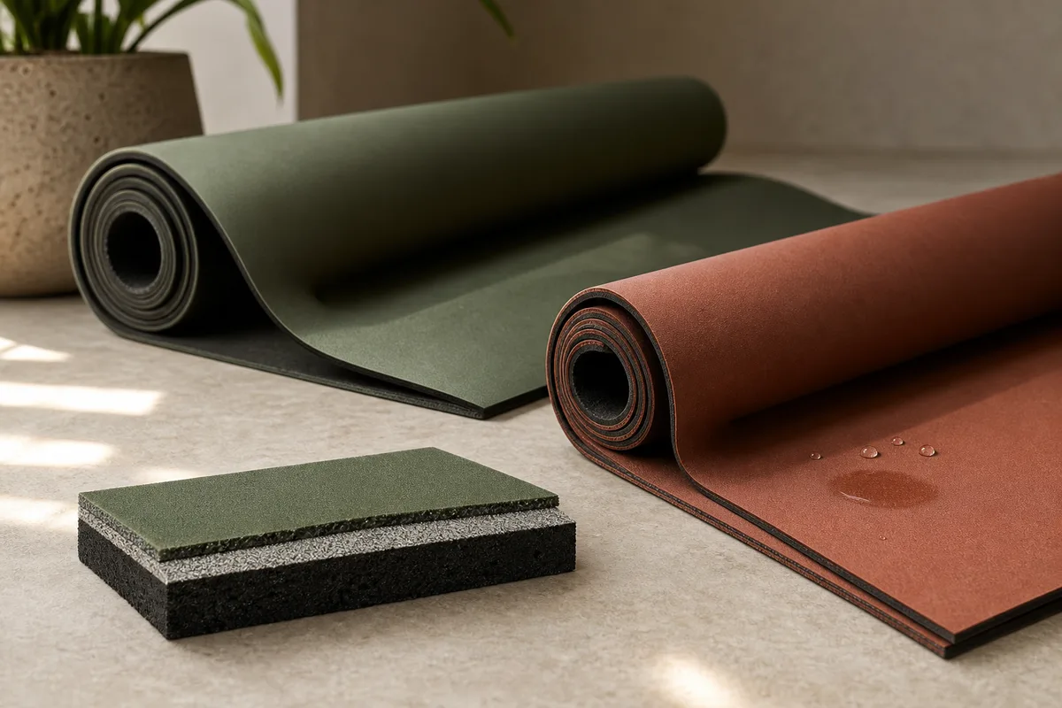Unbranded forest-green and clay polyurethane-top yoga mats beside a cutaway showing a thin PU face, bonding layer and thick dark rubber base