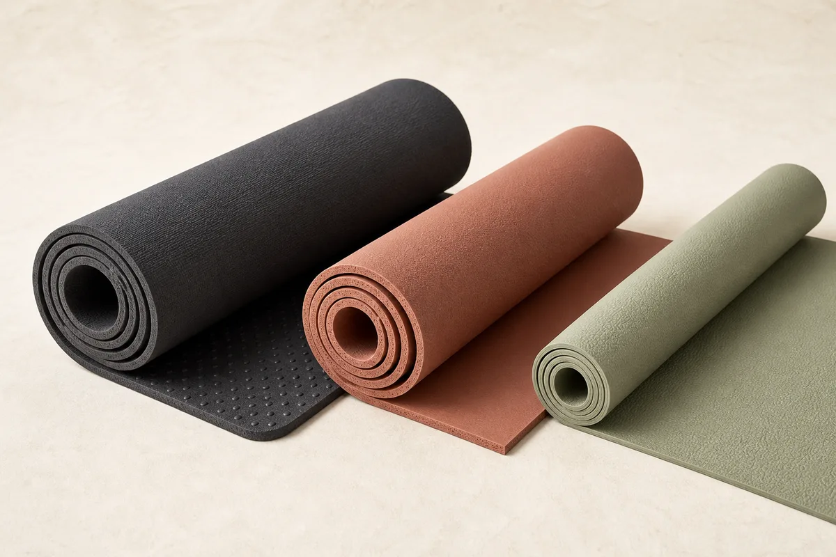 Three generic PVC yoga mats showing a dense charcoal mat with dotted base, a porous clay sticky mat and a thin sage travel mat