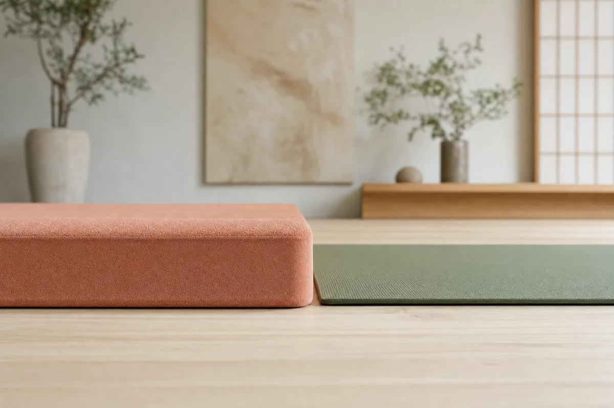 Edge-on view comparing a thick high-density foam yoga mat against a standard thin mat, showing the dramatic difference in cushioning height
