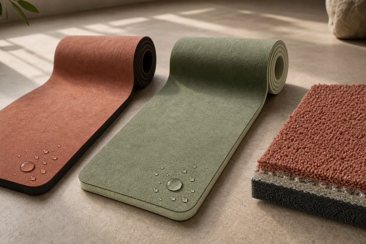 Unbranded terracotta and sage microfiber yoga mats with different foam and rubber backings beside a cutaway of the bonded layers
