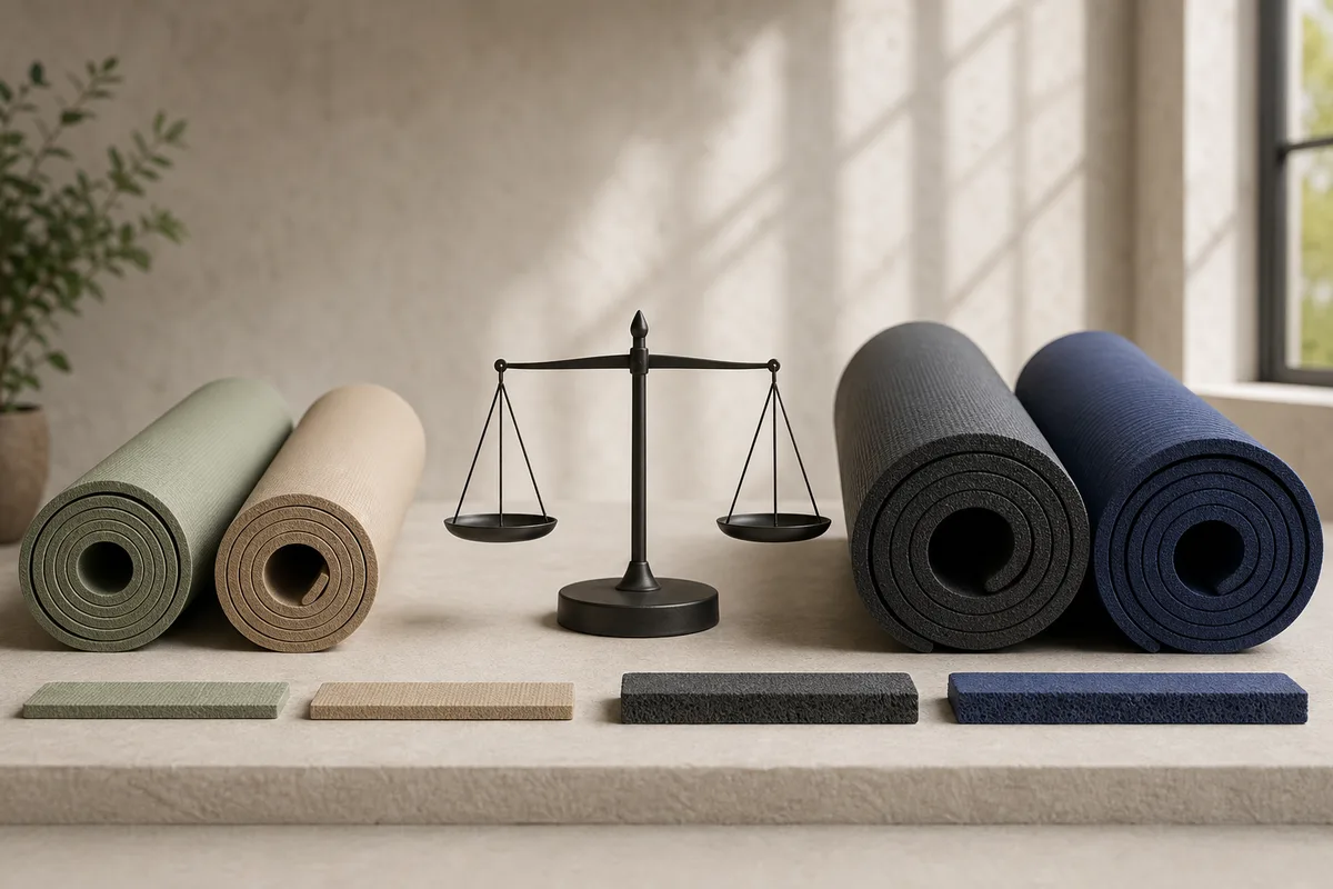 Two slim sage and sand TPE-style mats compared with two thick charcoal and indigo NBR-style foam mats and aligned cross-section samples