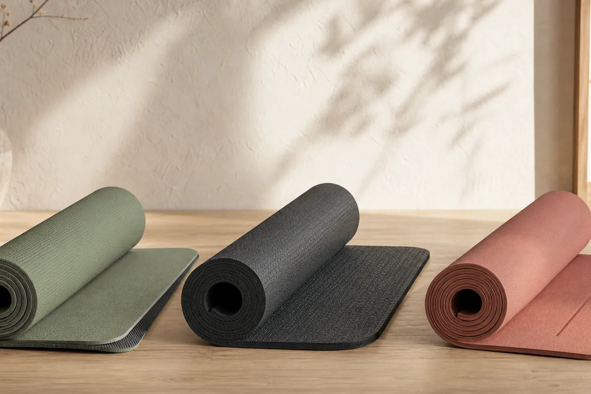 Three generic TPE yoga mats showing a dual-layer textured edge, a dense crosshatch training surface and a light beginner mat with a subtle center stripe