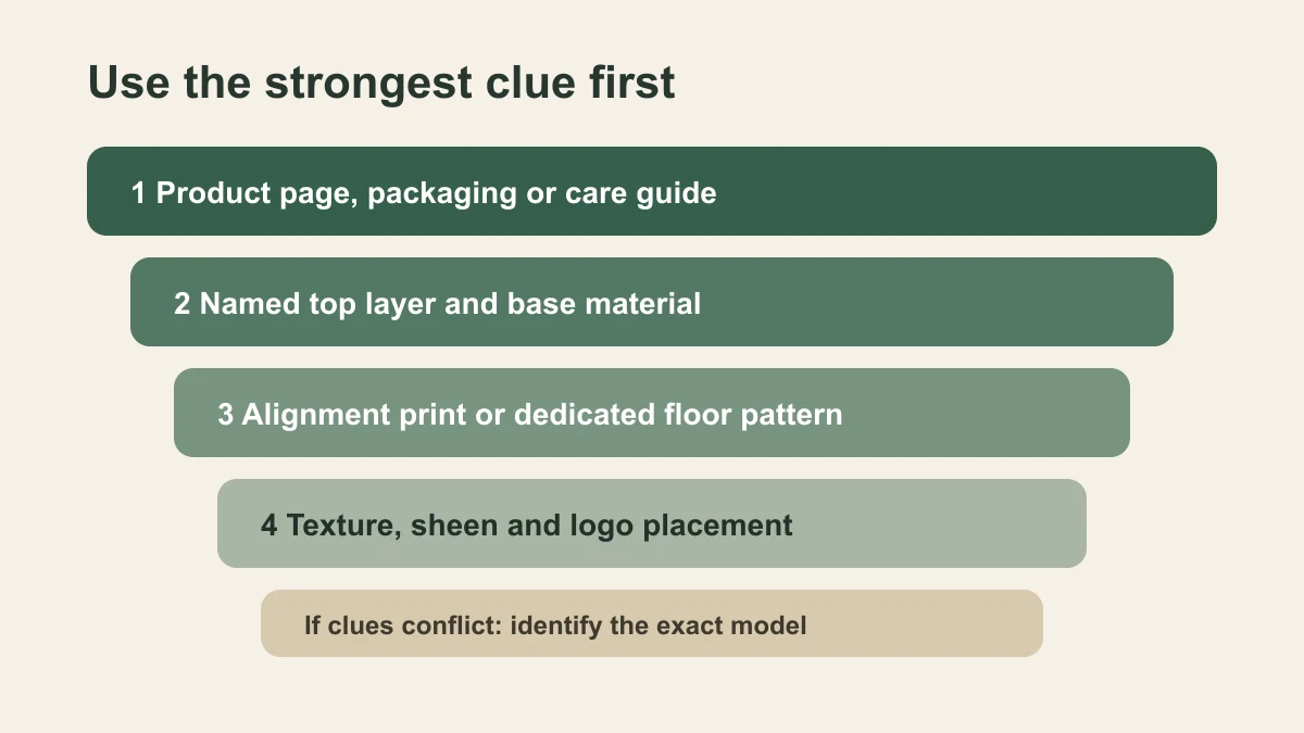 A hierarchy ranking yoga mat orientation clues from product instructions through materials and patterns to texture and logo placement
