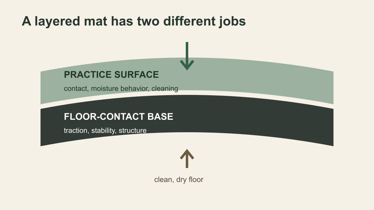 Cross-section showing a yoga mat practice surface above a separate floor-contact base