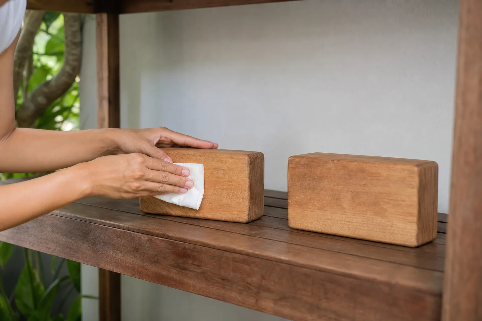Hands wiping a wooden yoga block with a soft barely damp cloth while a second block dries with space around it on a shaded shelf