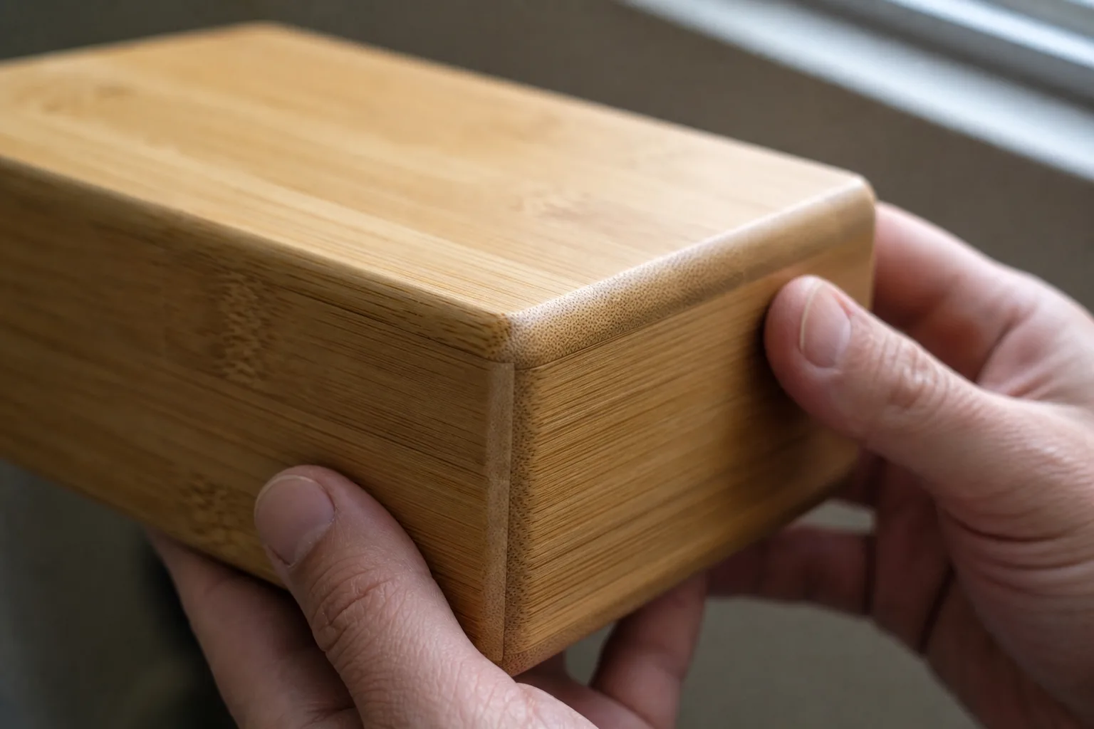 Realistic close-up of hands inspecting the rounded corner, laminated seam and satin surface of an unbranded bamboo yoga block