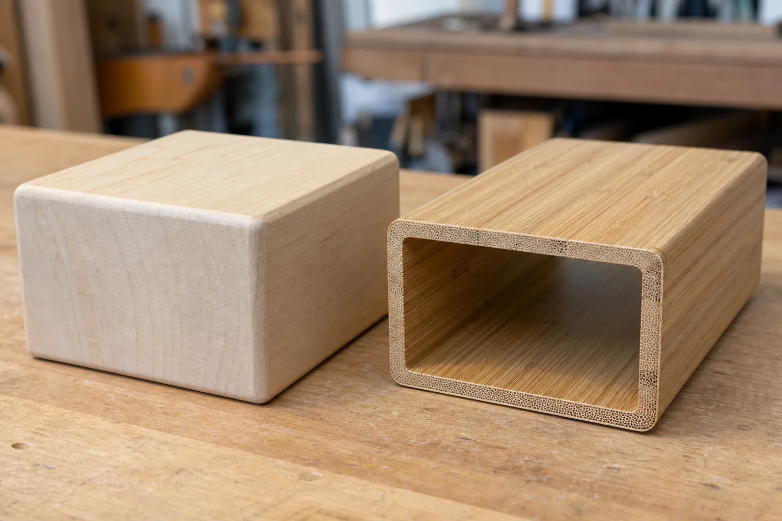 Realistic workshop photograph of a solid pale wood yoga block beside an open-ended hollow bamboo shell showing its wall thickness
