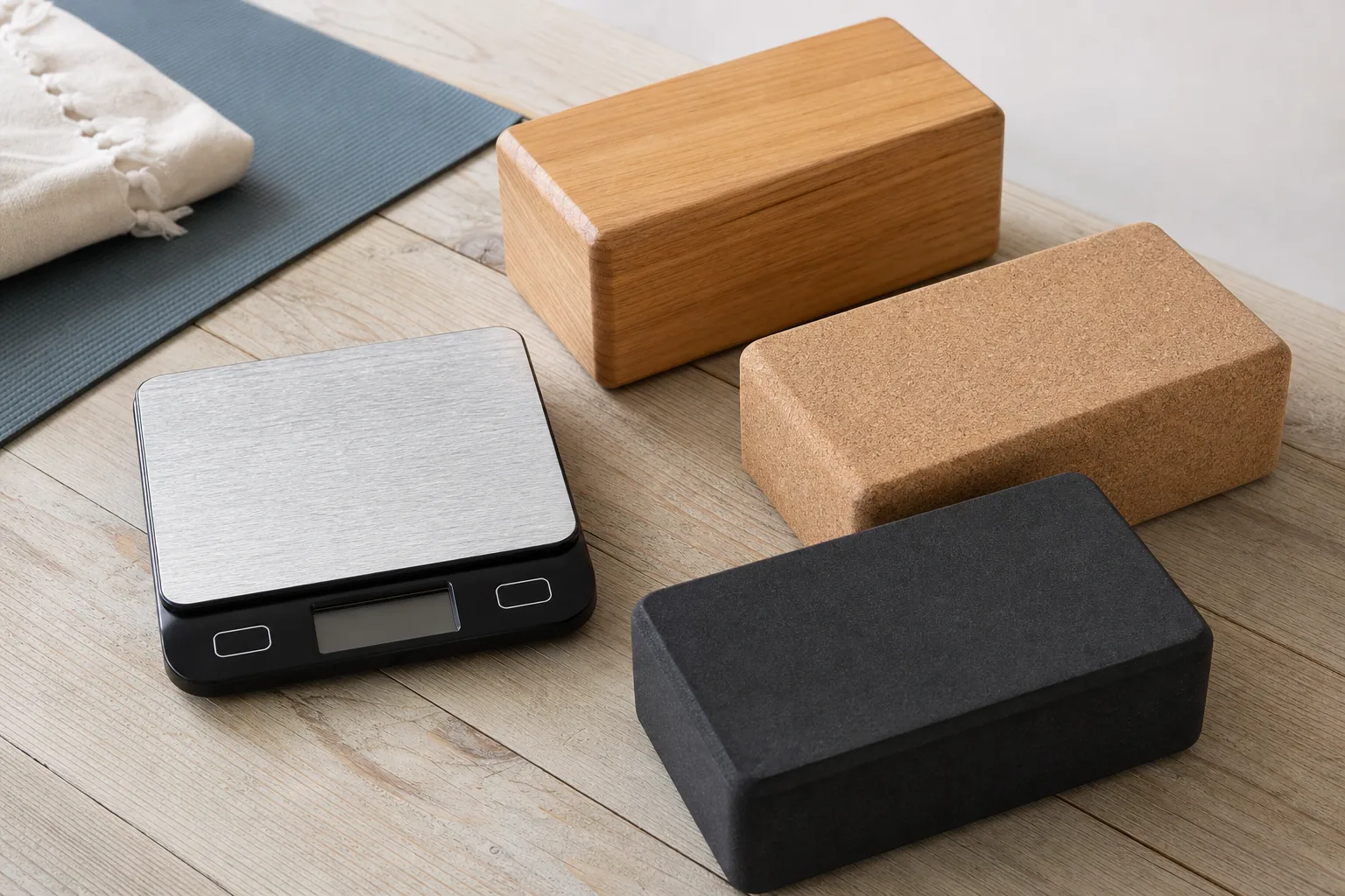 Realistic wooden, cork and dense foam yoga blocks arranged beside a digital kitchen scale with a blank display