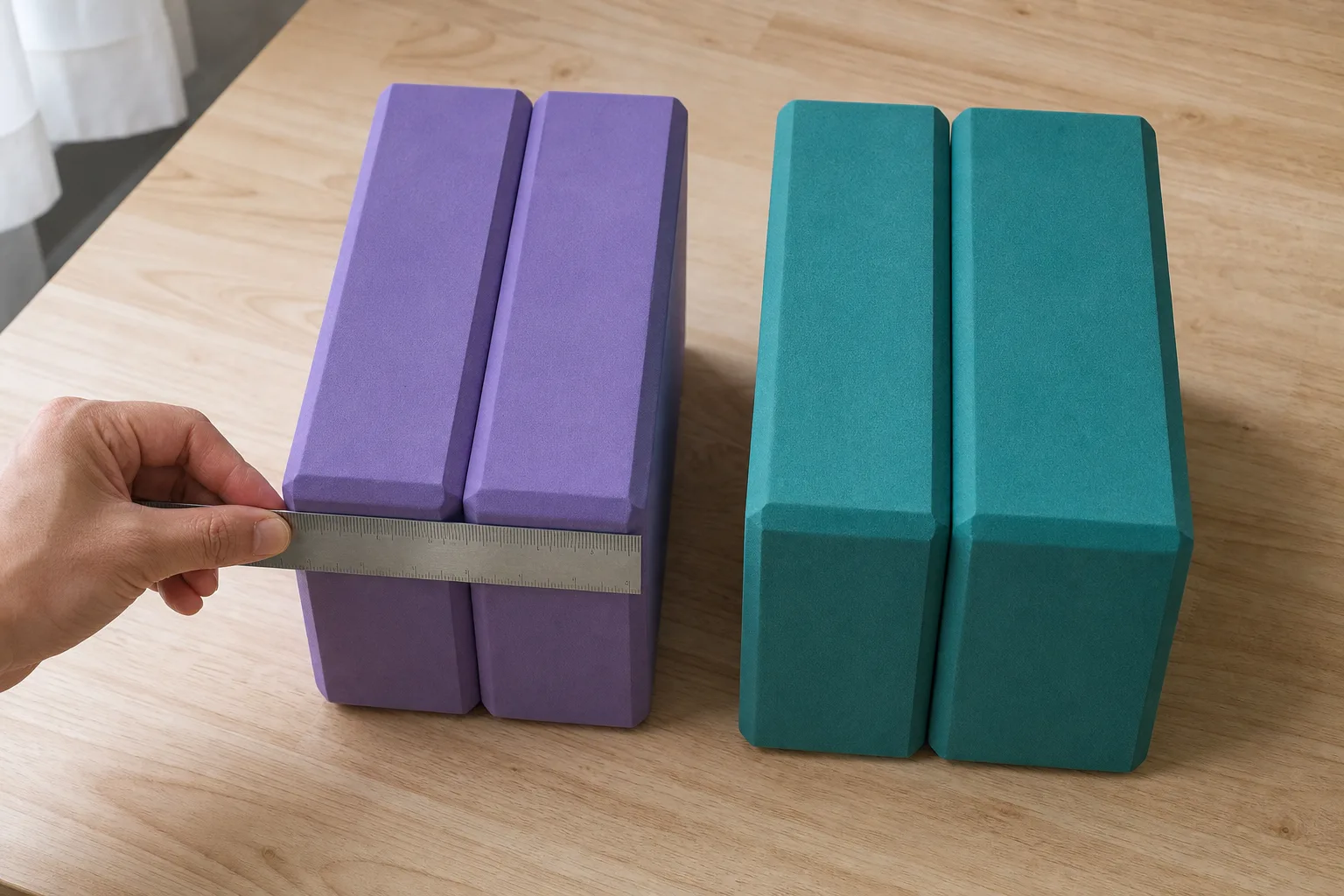 Editorial photograph comparing two visibly slimmer yoga blocks with two thicker blocks while a hand holds a ruler to an edge