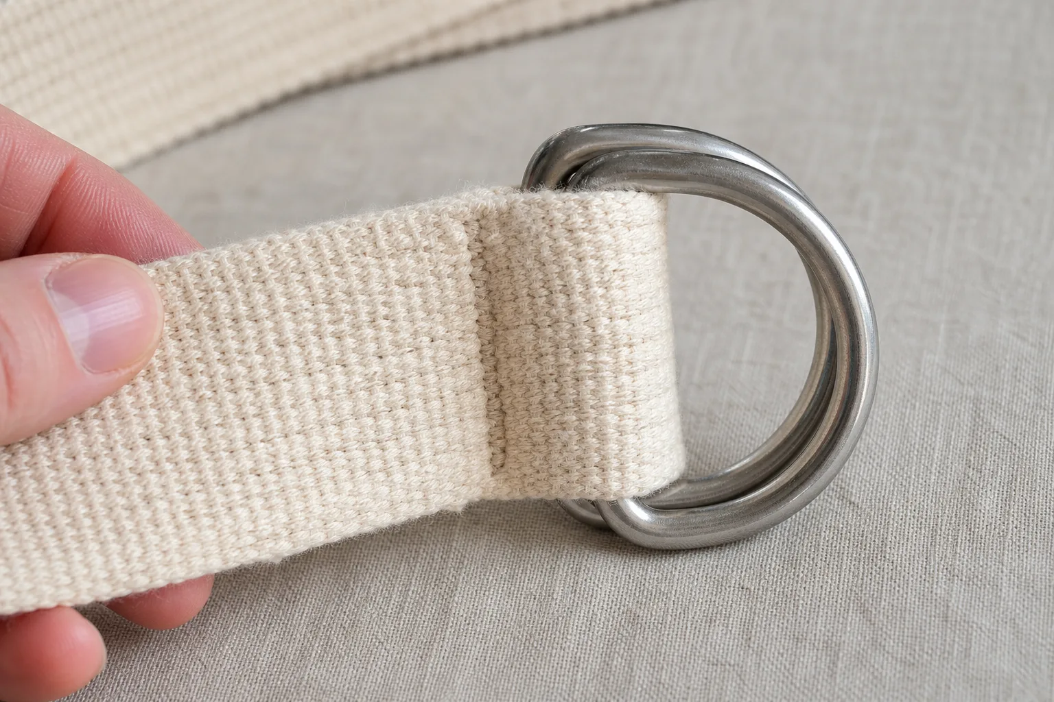 Close editorial photograph of woven cotton webbing stitched around two brushed metal D-rings