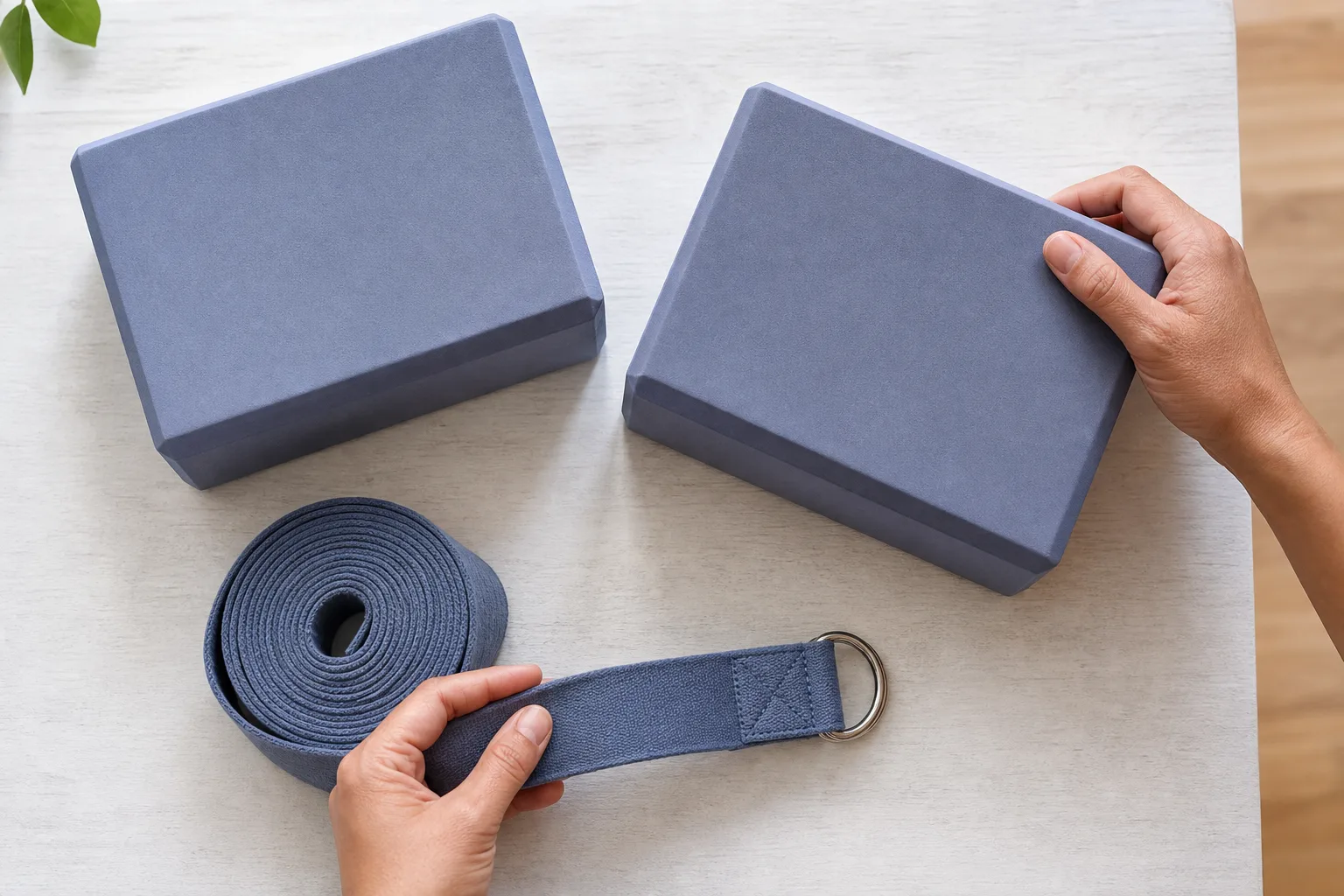 Overhead editorial photograph of hands inspecting two matching blue yoga blocks and a rolled blue strap with visible stitching