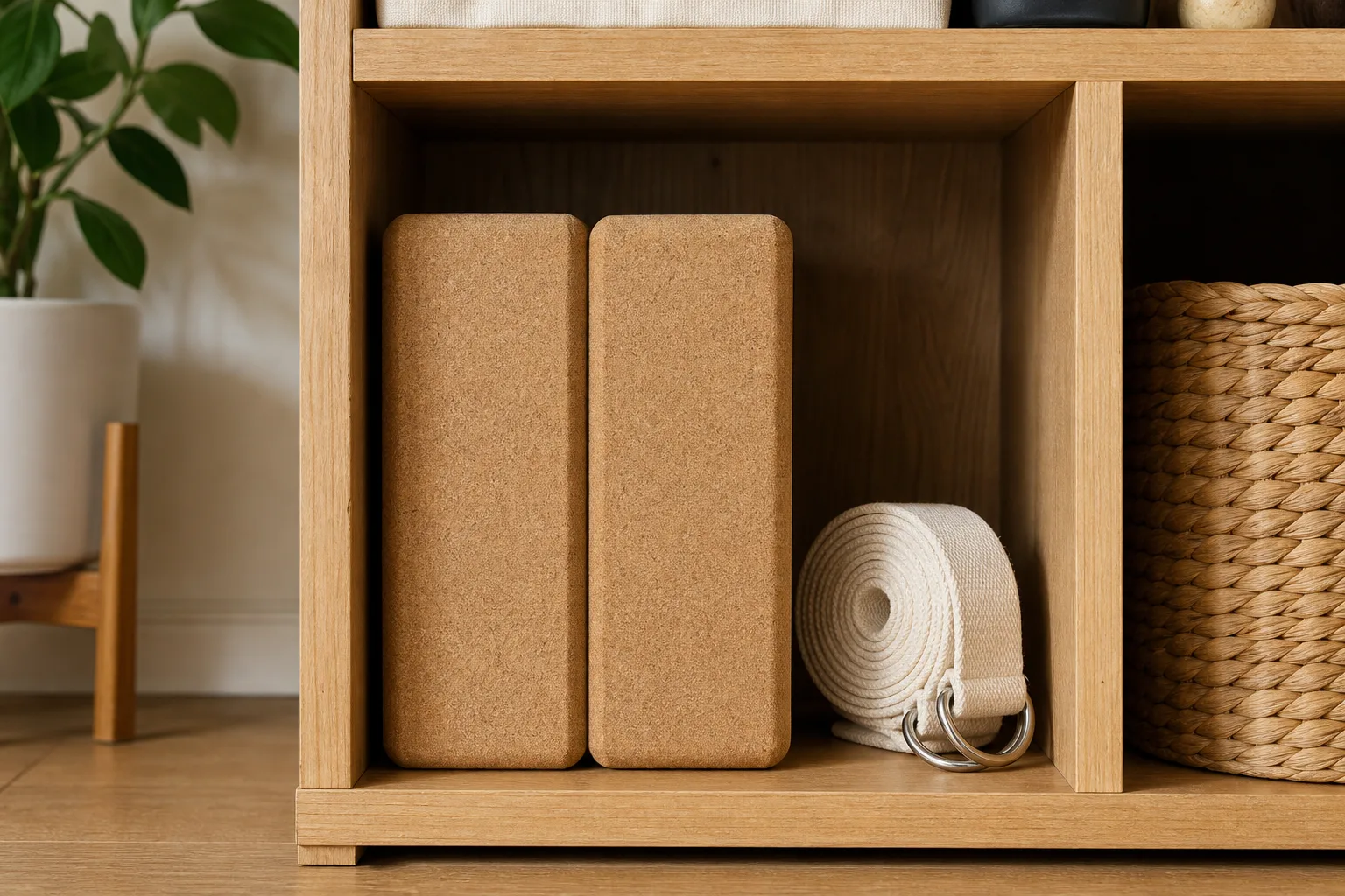 Two cork yoga blocks standing beside one rolled cotton D-ring strap in a compact wooden storage cubby