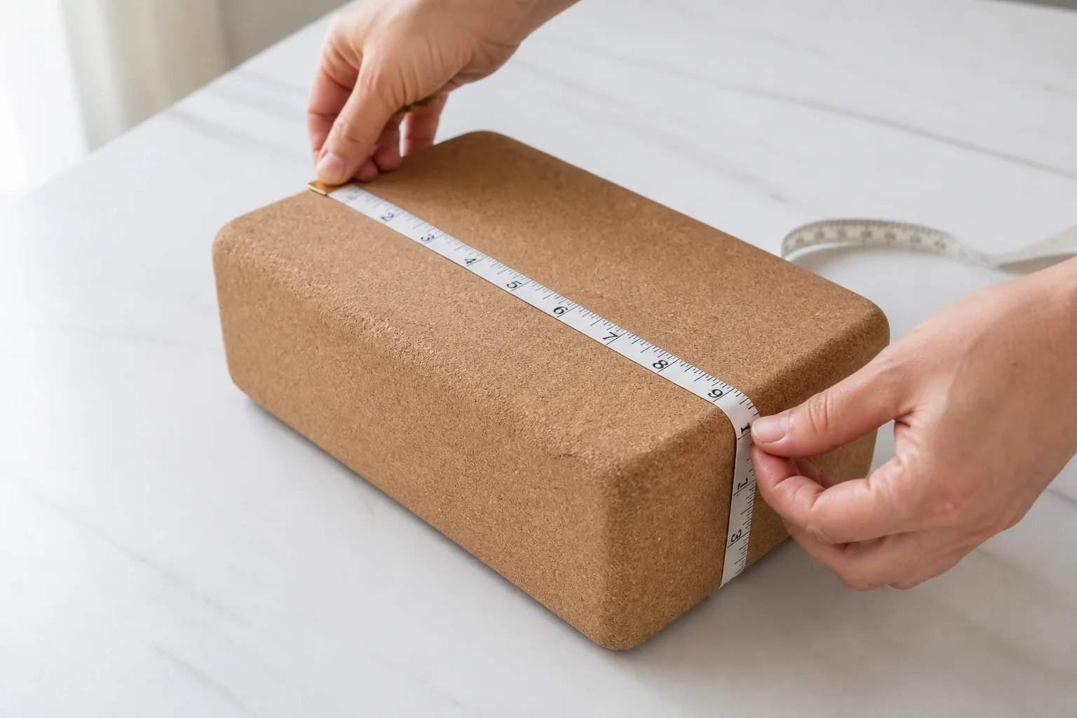 Hands measuring the longest edge and thickness of an unbranded cork yoga block with a flexible tape