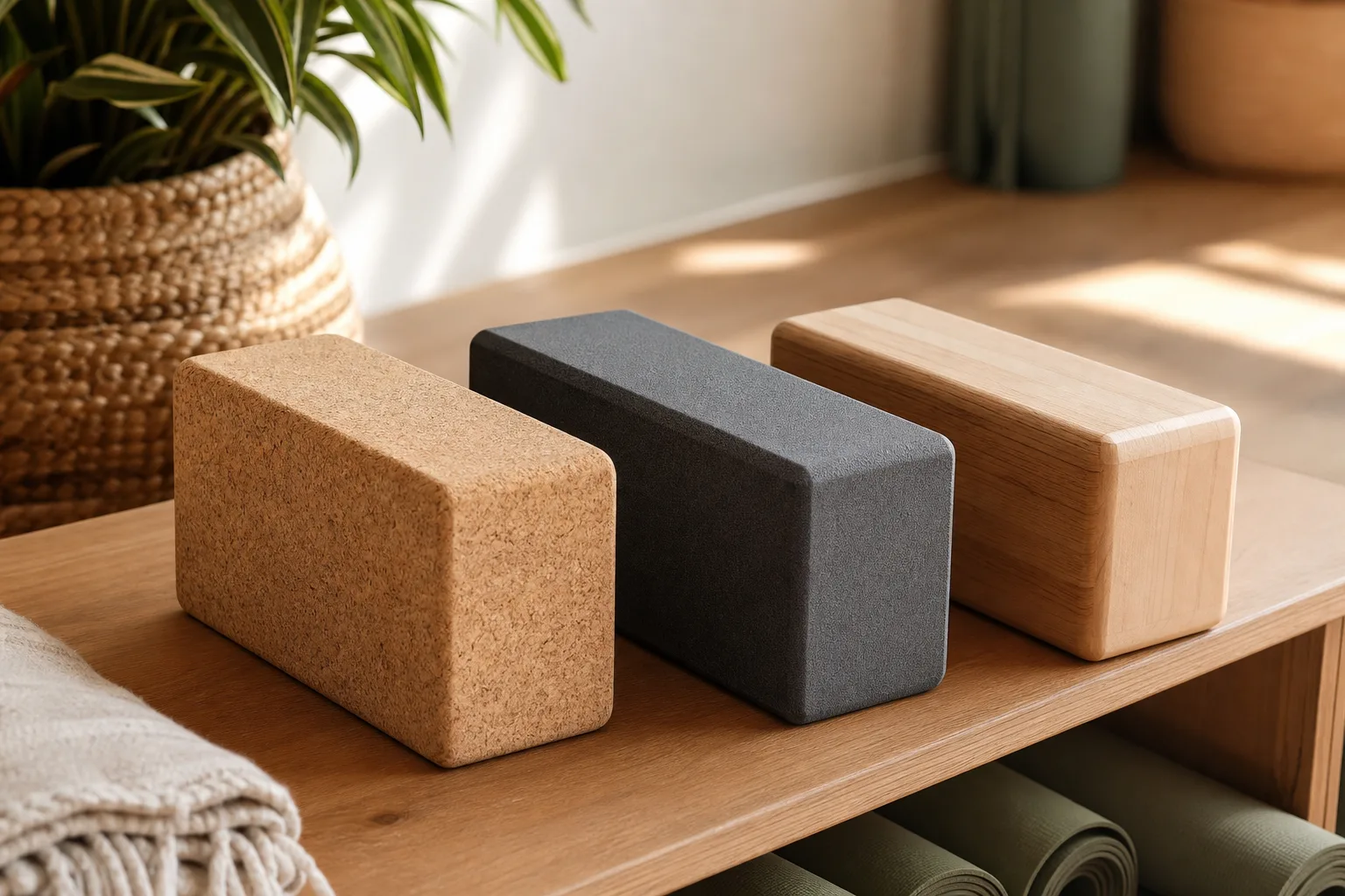 Three realistic unbranded yoga blocks in cork, dense dark foam and sealed pale wood displayed together on a studio shelf