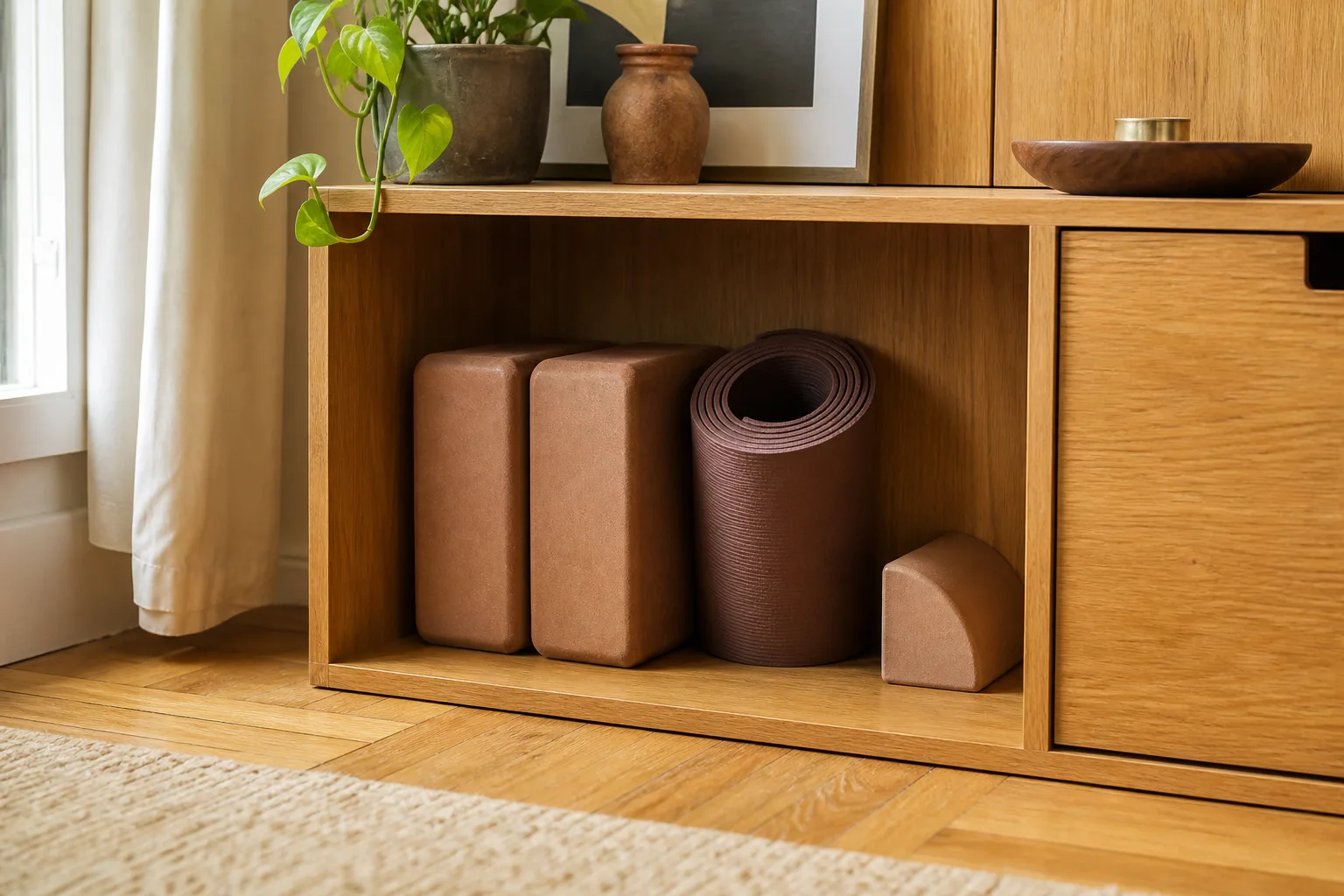 Matched pair of full-size yoga blocks, rolled mat and compact block stored neatly in a low apartment cubby