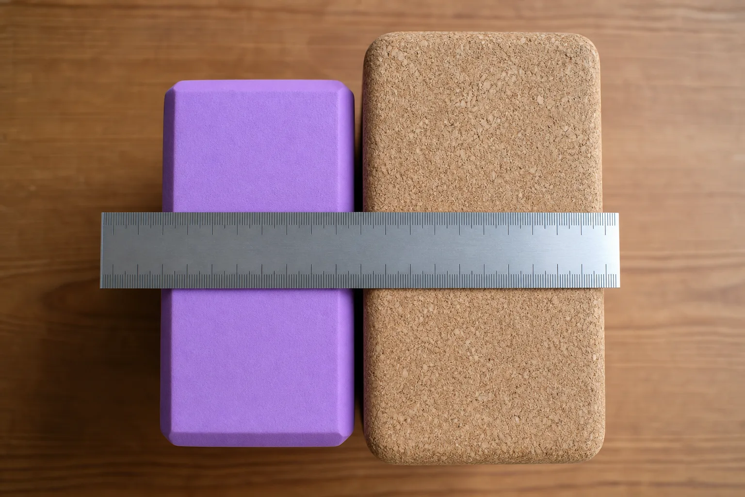 Realistic overhead photograph of a slim foam yoga block and thicker cork yoga block aligned beside a steel ruler