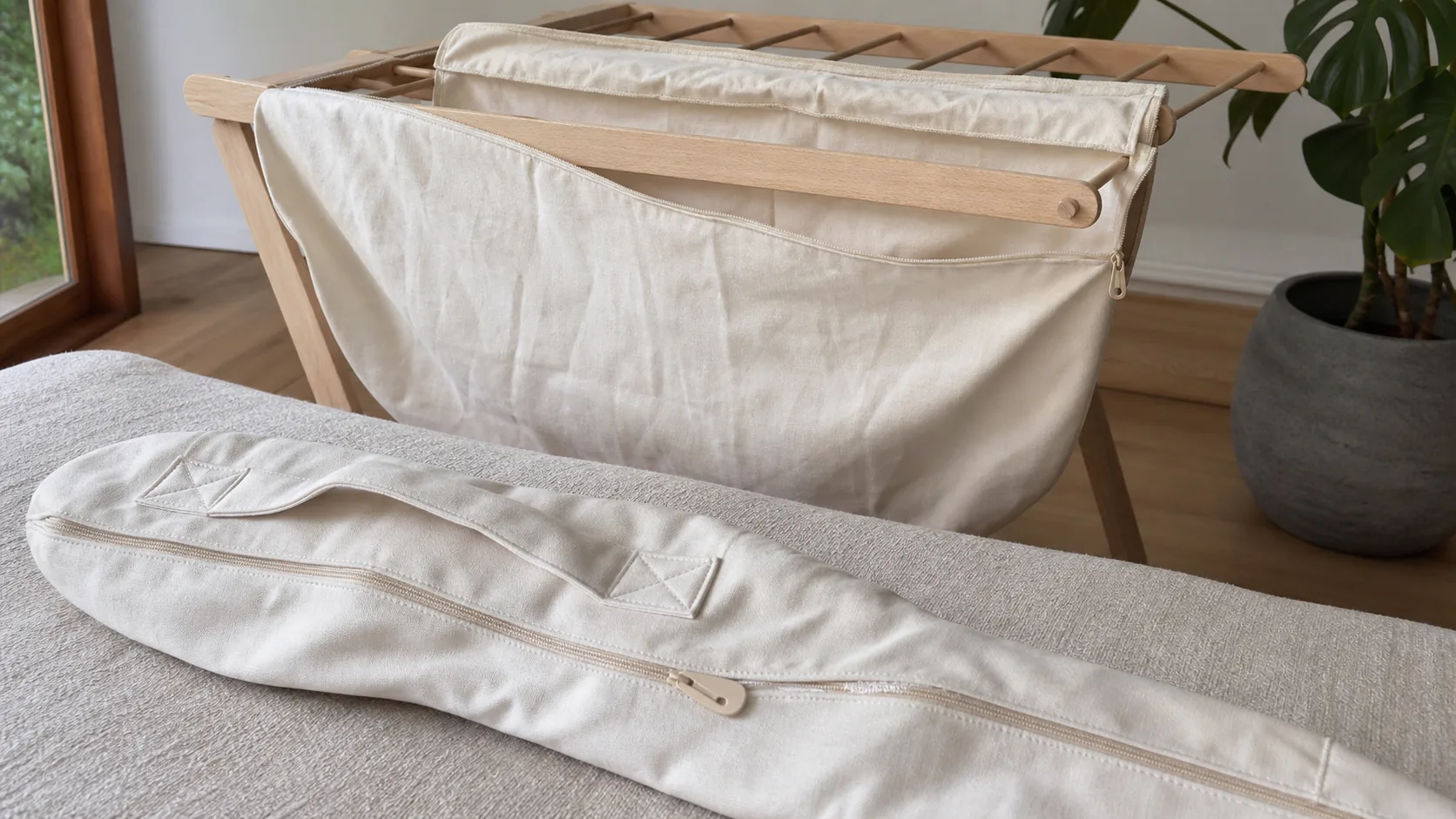 Cream cotton bolster cover drying fully open on a wooden rack while another cover is inspected for zipper, handle stitching and seam wear