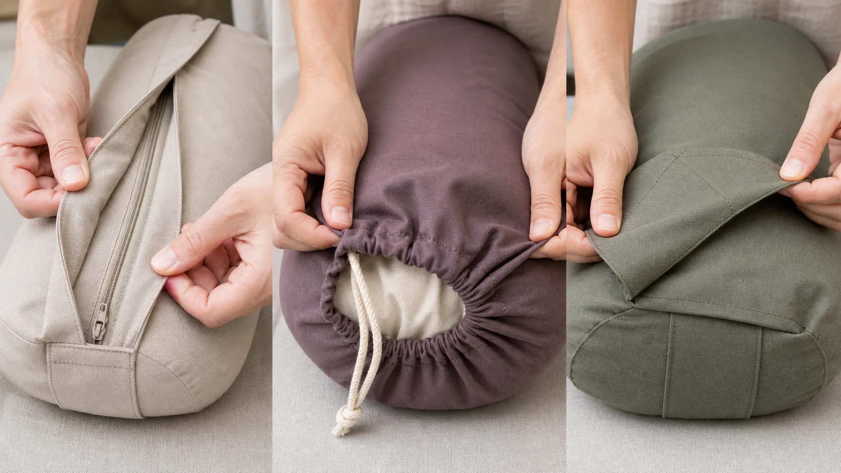 Close views of hands inspecting a hidden zipper under a fabric flap, a drawstring end and an overlapping envelope closure on unbranded bolster covers