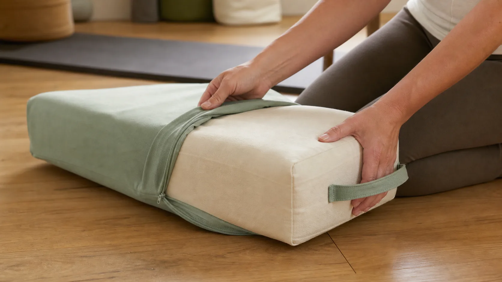 Hands aligning a firm rectangular cream bolster insert with a sage replacement cover through a long underside zipper