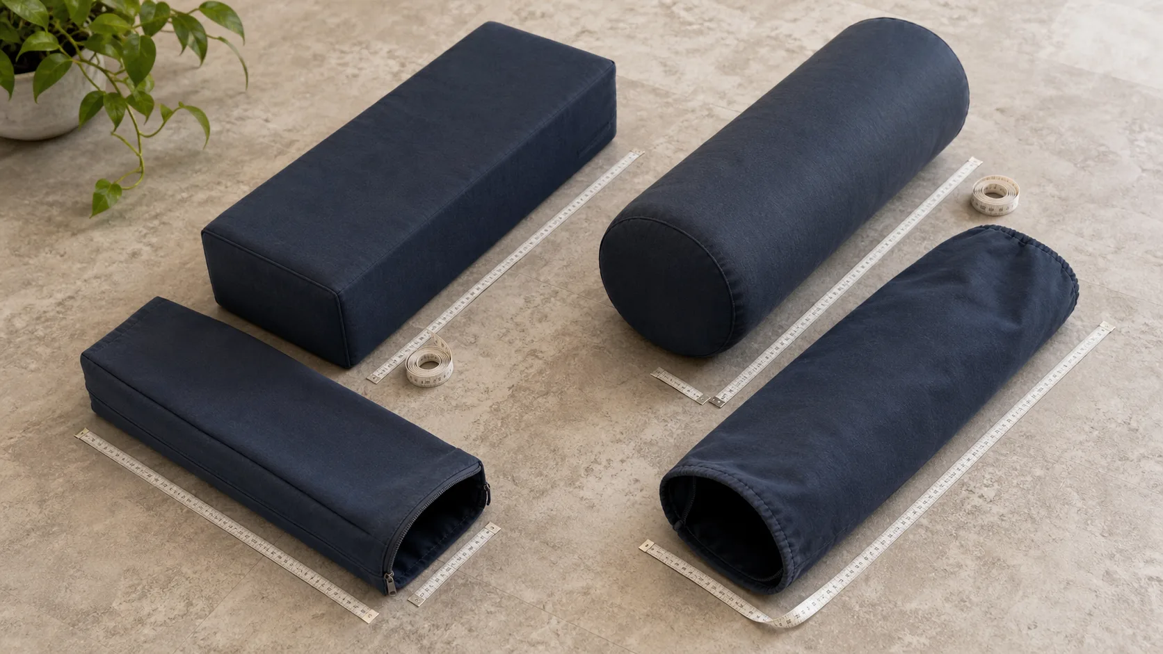 Rectangular and cylindrical navy yoga bolster inserts beside empty matching replacement covers and soft measuring tapes
