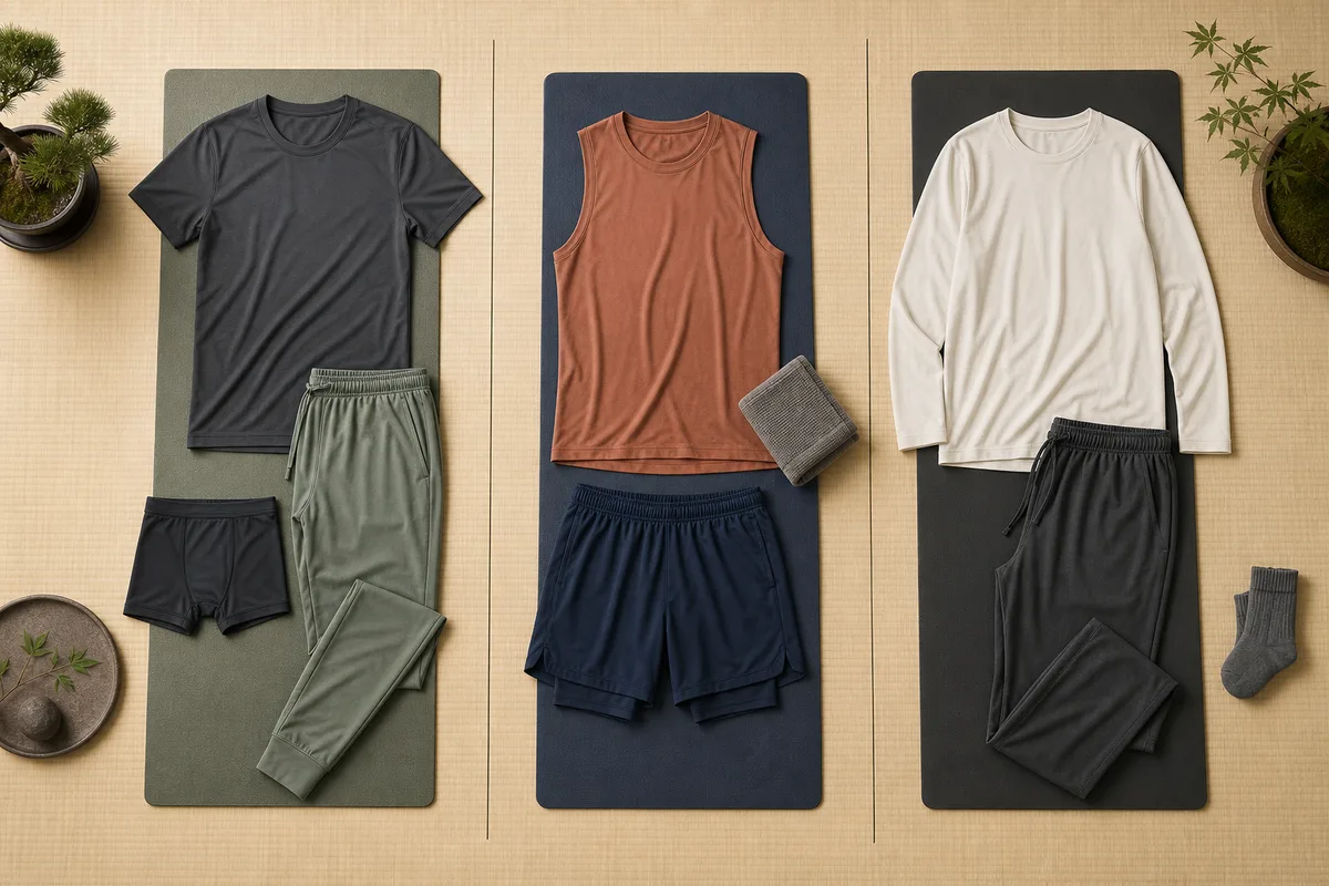 Three logo-free men's yoga clothing capsules arranged as flat lays for a regular class, hot yoga and a slow cool-room practice