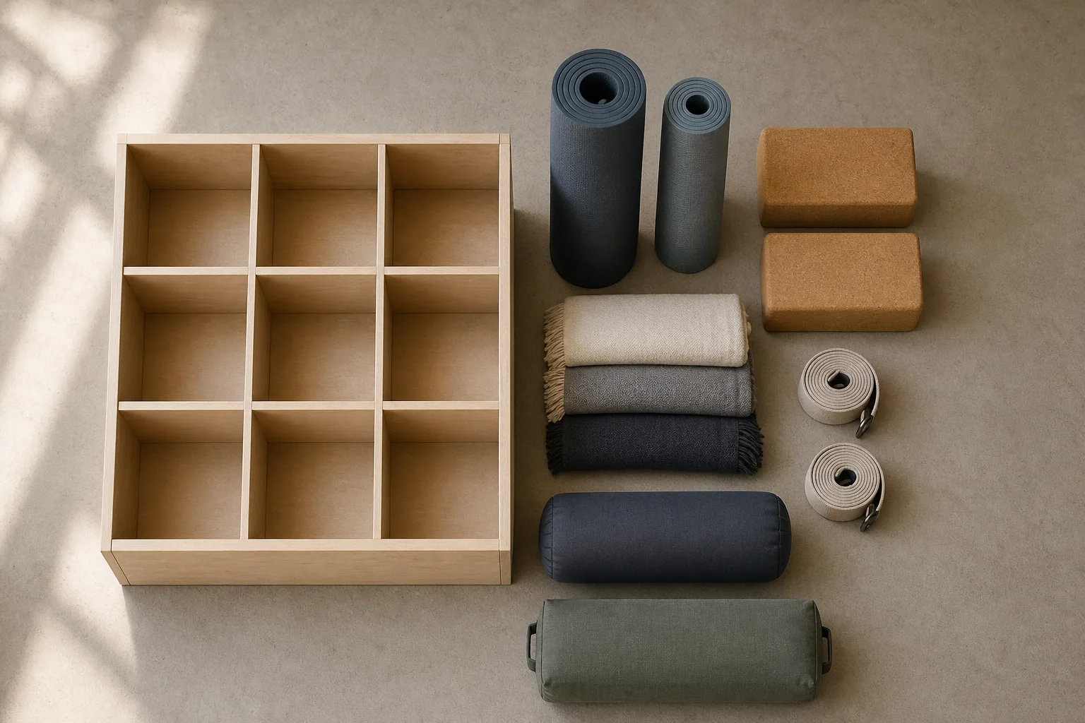 Overhead editorial layout of two rolled mats, two blocks, folded blankets, two bolsters and coiled straps beside an empty cubby organizer