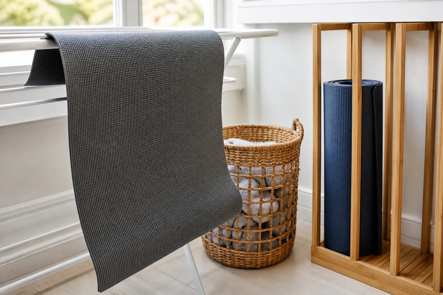 A freshly wiped yoga mat drying open over a rail beside a ventilated basket and a separate dry rolled mat in an open rack