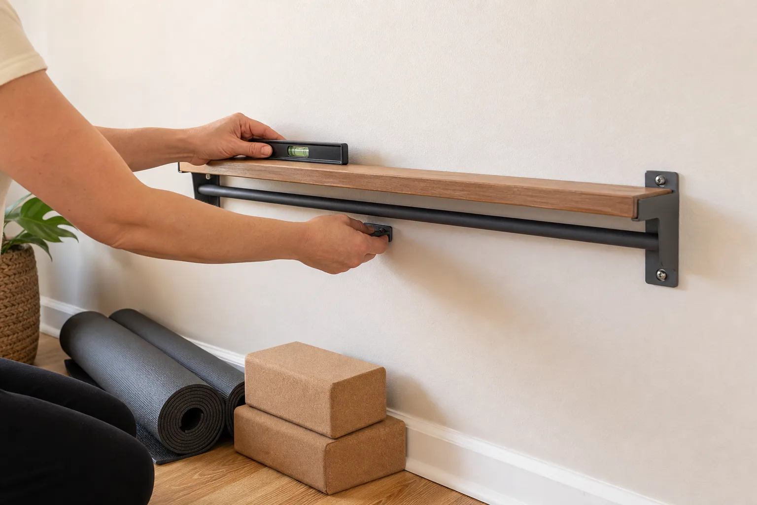 Hands checking a wall-mounted yoga prop shelf with a spirit level while mats and blocks remain unloaded on the floor