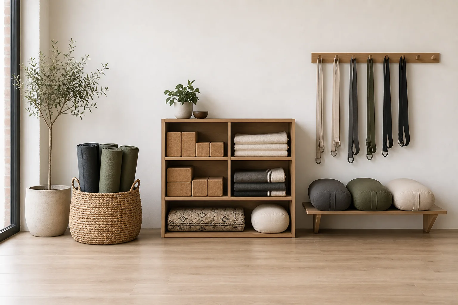 Bright yoga studio showing a floor mat basket, open prop shelving and a separate wall rail with straps