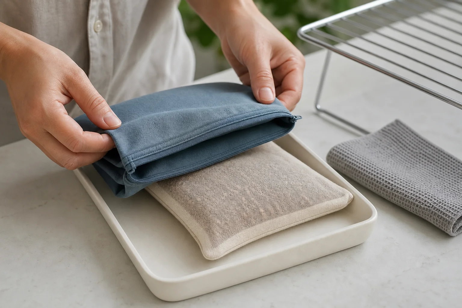 Editorial photograph of hands removing a blue washable outer cover while the dry seed-filled inner pouch remains in a shallow tray beside a drying rack