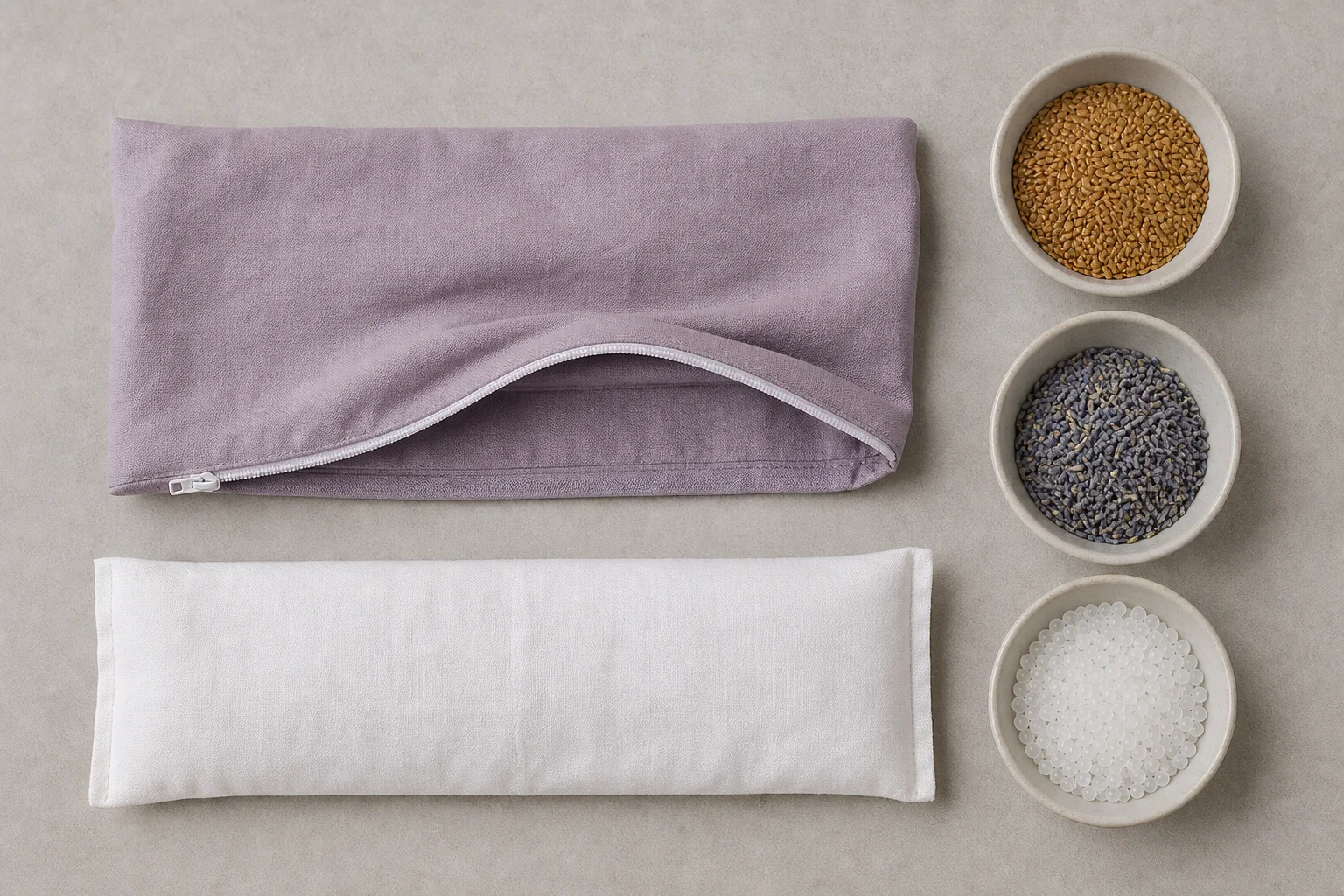 Top-down editorial photograph of a removable lavender-colored eye pillow cover, a separate white inner pouch and bowls containing flaxseed, dried lavender and smooth beads
