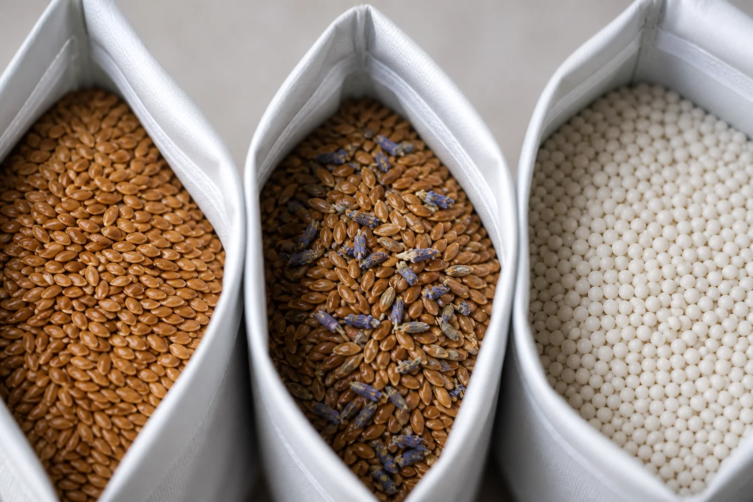 Macro photograph of three white inner pouches containing plain flaxseed, flaxseed mixed with a small amount of dried lavender and smooth white polymer beads