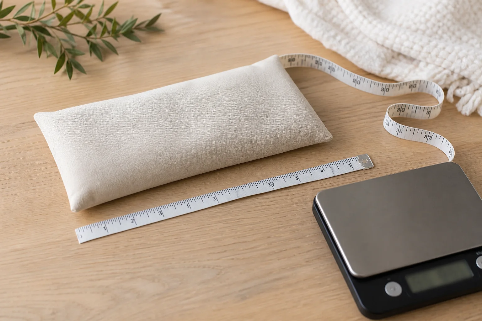Editorial photograph of an unbranded rectangular cotton eye pillow beside measuring tapes and a small kitchen scale with unreadable display