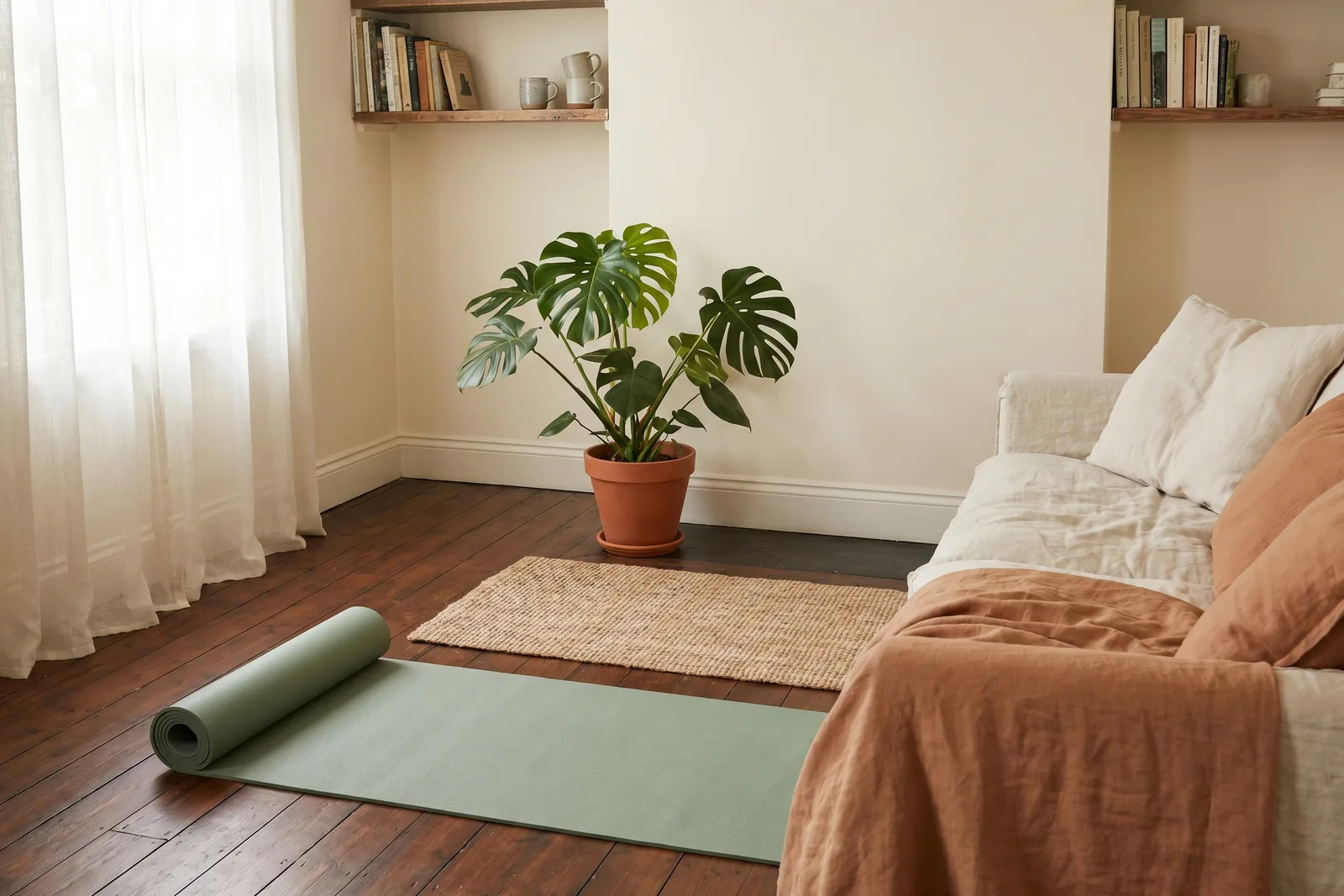 A sage-green yoga mat unrolled in a cosy living-room corner beside a linen sofa, a monstera plant and bookshelves