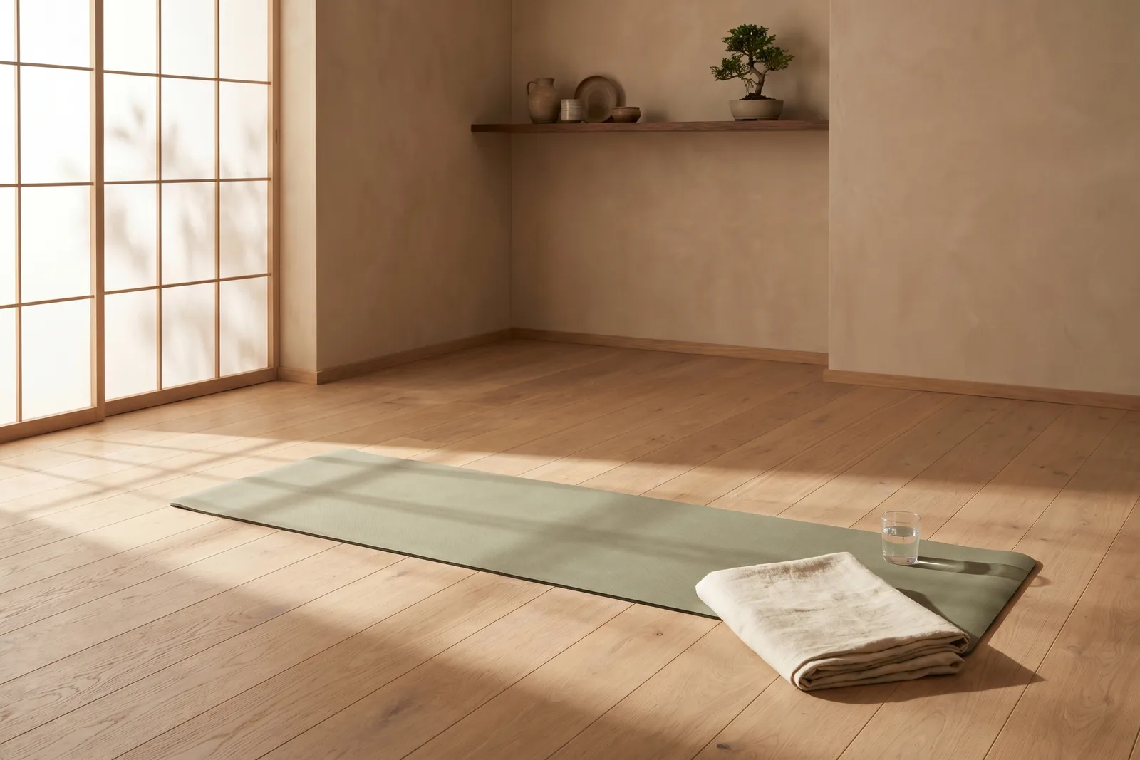 A sage-green yoga mat unrolled in a calm studio with a folded linen blanket and a glass of water, ready for a short routine