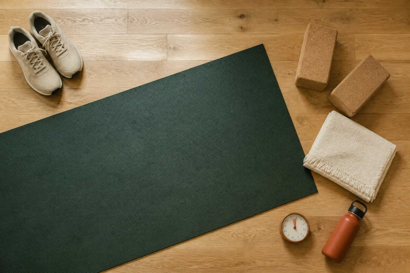Overhead view of an open dark green yoga mat with running shoes, two cork blocks, a folded towel, a timer, and a water bottle arranged safely off its edges