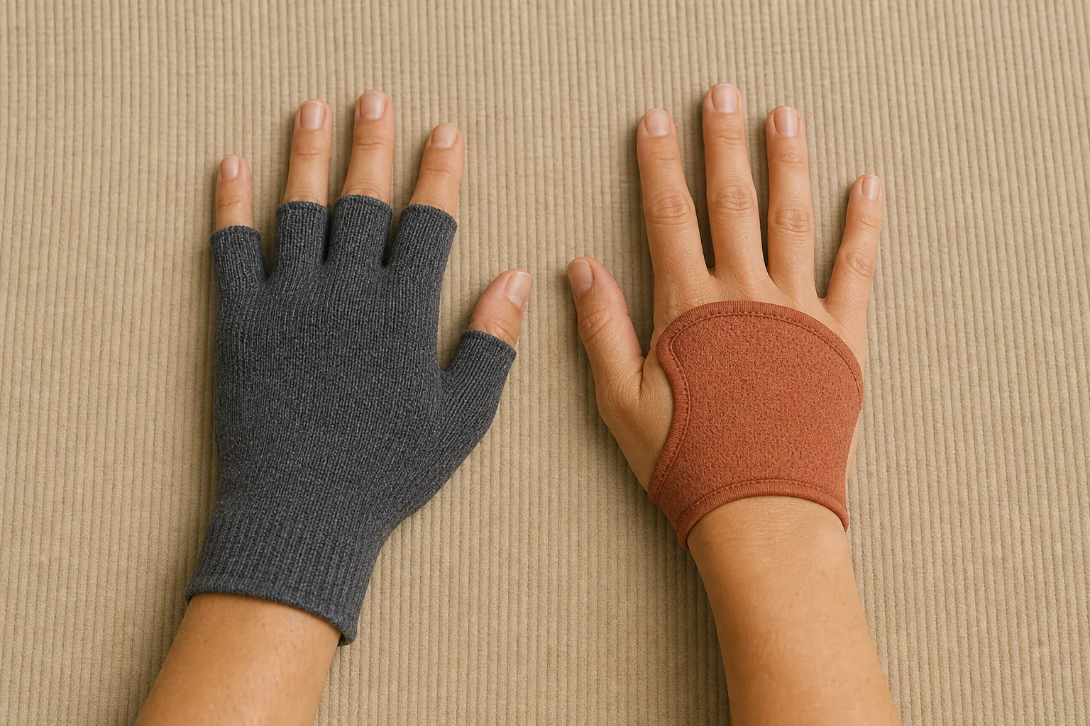 Two adult hands on a beige mat, one wearing a full charcoal fingerless glove and one wearing a minimal terracotta palm covering