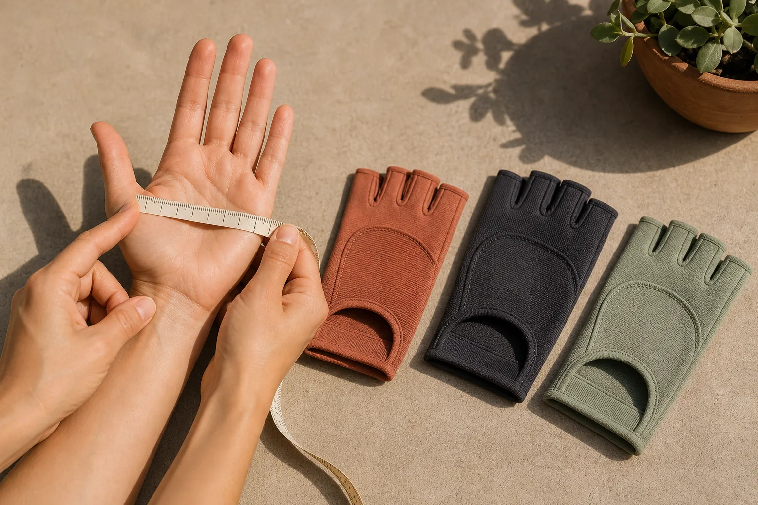Adult hand being measured across the knuckles with three unbranded fingerless gloves arranged by size nearby