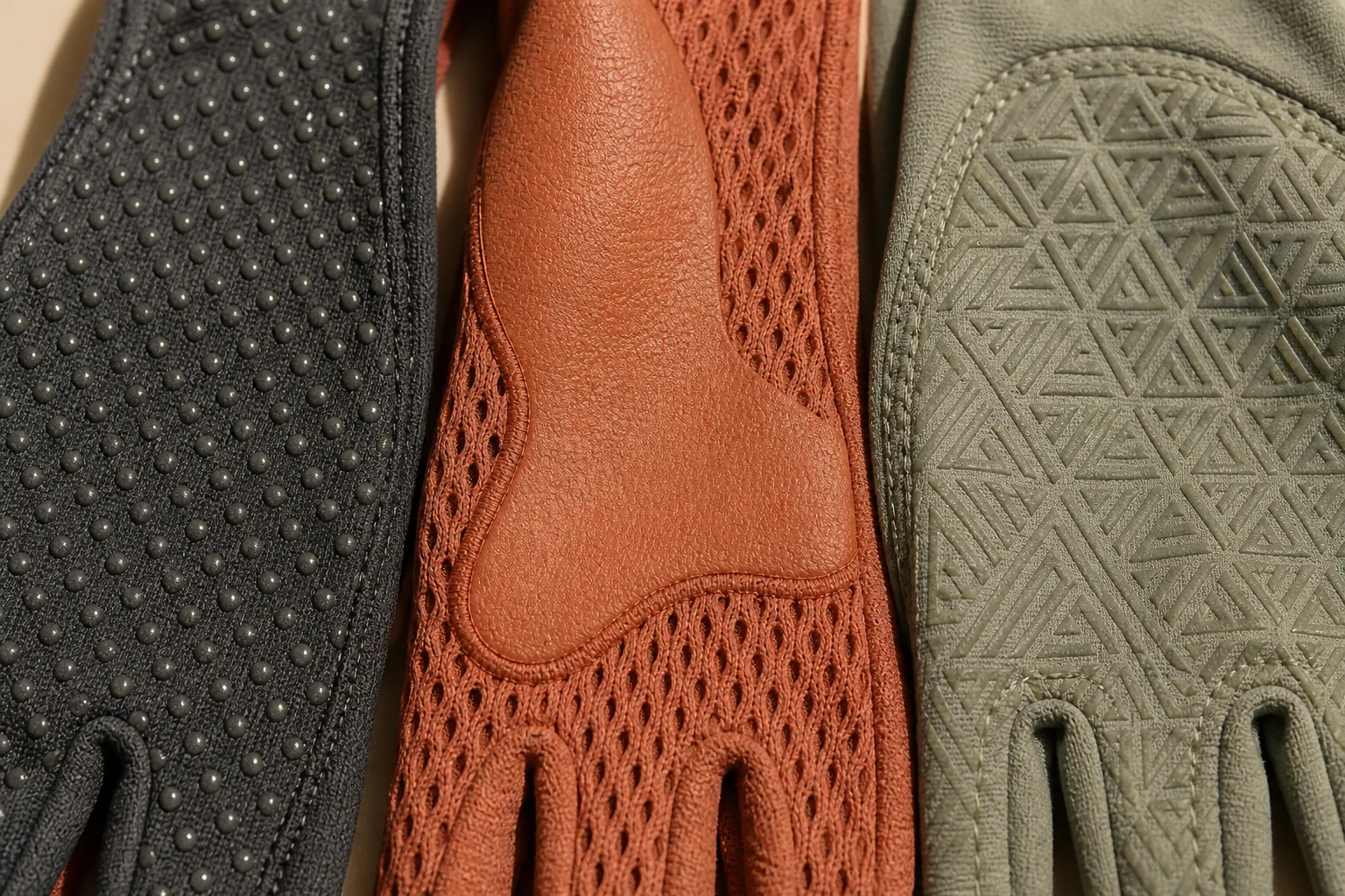 Macro comparison of black rubber dots, a continuous terracotta textured palm and a sage geometric grip print