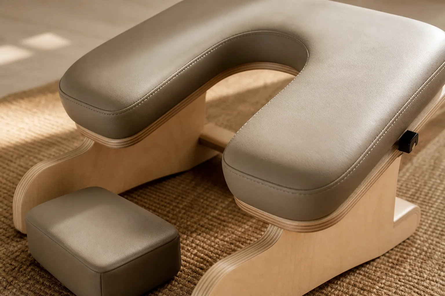 Close view of a taupe U-shaped upholstered cushion with rounded inner edge, double stitching and a small removable matching insert on a plywood frame
